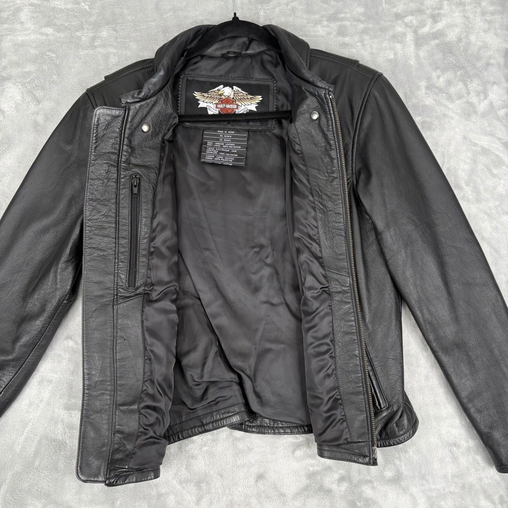 Harley Davidson Womens Leather Jacket Black Large Embroidered Logo Pockets - Picture 3 of 16